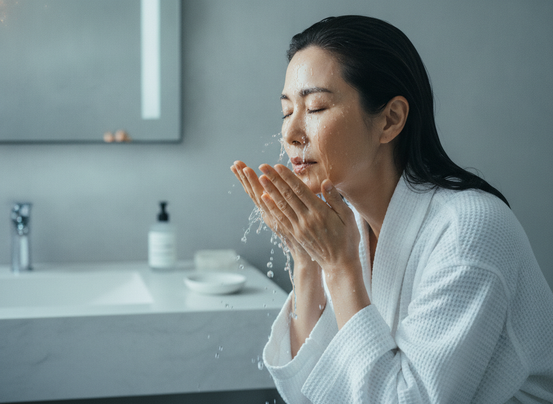 Woman over 40 with sensitive skin using a gentle biotic facial cleanser